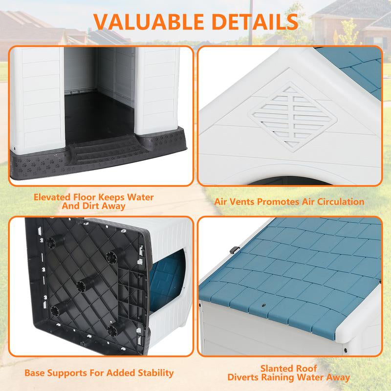 Pet Republic 34-In Plastic Dog House Waterproof Outdoor Large Pet Kennel Shelter W/Air Vents, Elevated Floor - Blue