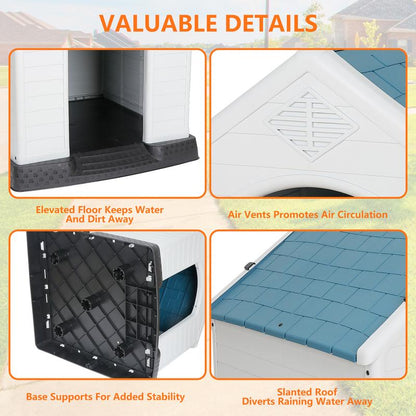 Pet Republic 34-In Plastic Dog House Waterproof Outdoor Large Pet Kennel Shelter W/Air Vents, Elevated Floor - Blue