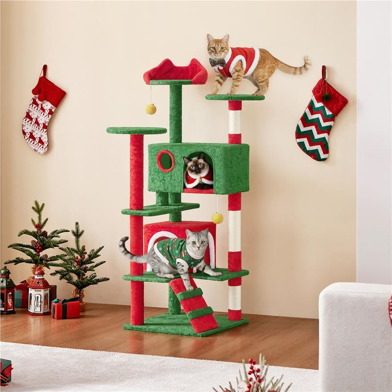 【Christmas Gift】Yaheetech 23.5/54/63In Christmas Cat Tree, Multi-Level Cat Tower with Spacious Kitten-Ear Perch, 2 Cozy Caves, Scratching Posts, Climbing Ladder, 2 Plush Balls for Indoor Kittens, Red/Green