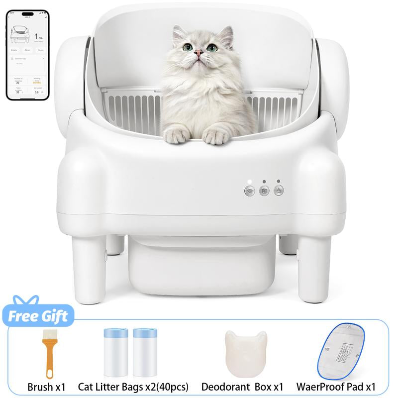 TAYACICY Self Cleaning Litter Box Open-Top with App Control for Multiple Cats 16.5"X16.5" Entrance Dual Safety Tech 10.5L Sealed Waste Bin Cream White