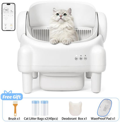TAYACICY Self Cleaning Litter Box Open-Top with App Control for Multiple Cats 16.5"X16.5" Entrance Dual Safety Tech 10.5L Sealed Waste Bin Cream White