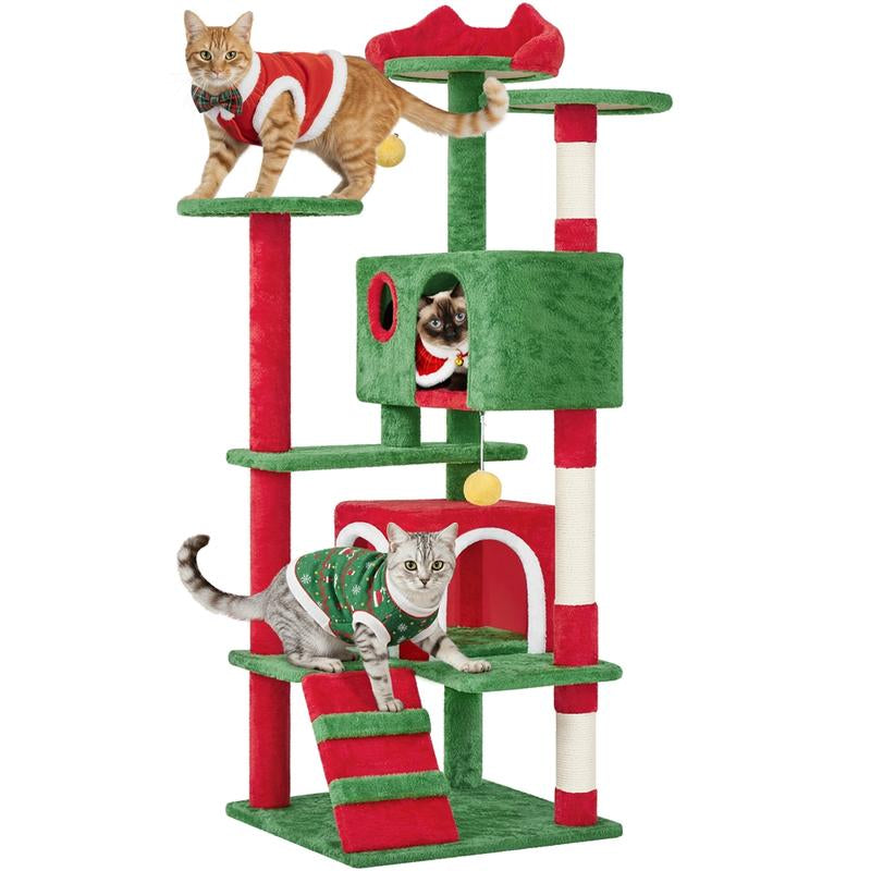 【Christmas Gift】Yaheetech 23.5/54/63In Christmas Cat Tree, Multi-Level Cat Tower with Spacious Kitten-Ear Perch, 2 Cozy Caves, Scratching Posts, Climbing Ladder, 2 Plush Balls for Indoor Kittens, Red/Green