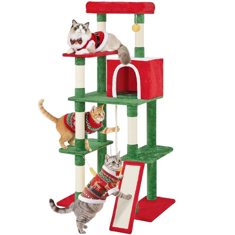 【Christmas Gift】Yaheetech 23.5/54/63In Christmas Cat Tree, Multi-Level Cat Tower with Spacious Kitten-Ear Perch, 2 Cozy Caves, Scratching Posts, Climbing Ladder, 2 Plush Balls for Indoor Kittens, Red/Green