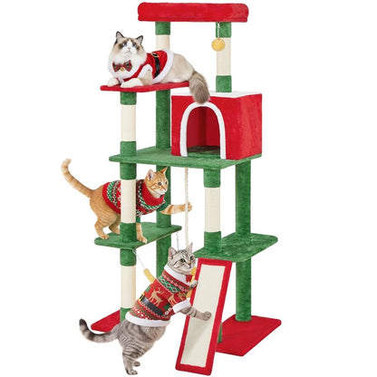【Christmas Gift】Yaheetech 23.5/54/63In Christmas Cat Tree, Multi-Level Cat Tower with Spacious Kitten-Ear Perch, 2 Cozy Caves, Scratching Posts, Climbing Ladder, 2 Plush Balls for Indoor Kittens, Red/Green