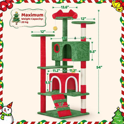 【Christmas Gift】Yaheetech 23.5/54/63In Christmas Cat Tree, Multi-Level Cat Tower with Spacious Kitten-Ear Perch, 2 Cozy Caves, Scratching Posts, Climbing Ladder, 2 Plush Balls for Indoor Kittens, Red/Green