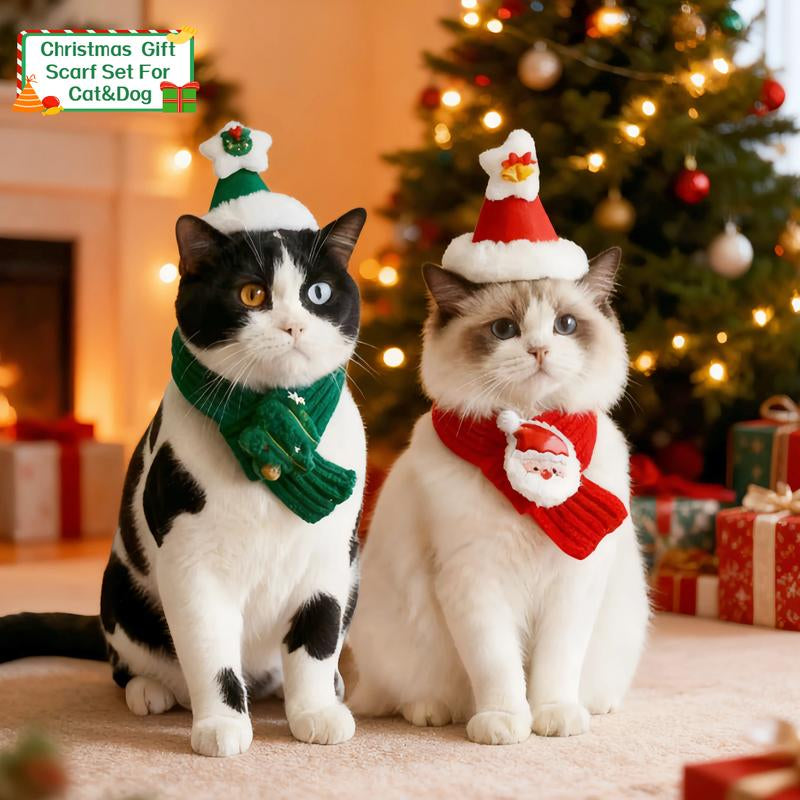 Christmas Costume Gift for Pet Red Santa Cat Dog Costumes with Scarf Hat Set Adjustable for Cats & Small Dogs Hat & Scarf Christmas Gift Christmas 2025 Winter