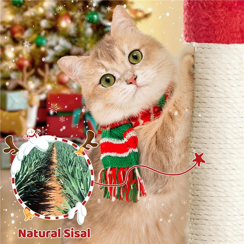 【Christmas Gift】Yaheetech 23.5/54/63In Christmas Cat Tree, Multi-Level Cat Tower with Spacious Kitten-Ear Perch, 2 Cozy Caves, Scratching Posts, Climbing Ladder, 2 Plush Balls for Indoor Kittens, Red/Green