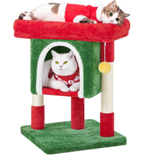 【Christmas Gift】Yaheetech 23.5/54/63In Christmas Cat Tree, Multi-Level Cat Tower with Spacious Kitten-Ear Perch, 2 Cozy Caves, Scratching Posts, Climbing Ladder, 2 Plush Balls for Indoor Kittens, Red/Green