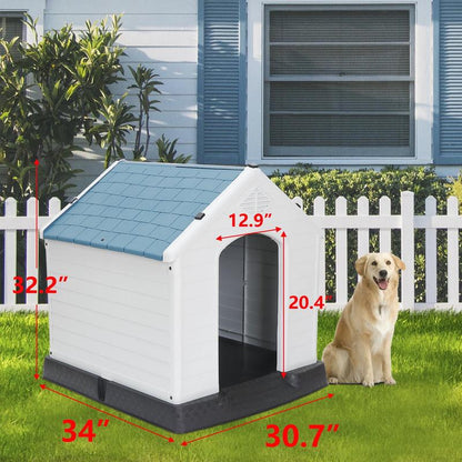 Pet Republic 34-In Plastic Dog House Waterproof Outdoor Large Pet Kennel Shelter W/Air Vents, Elevated Floor - Blue