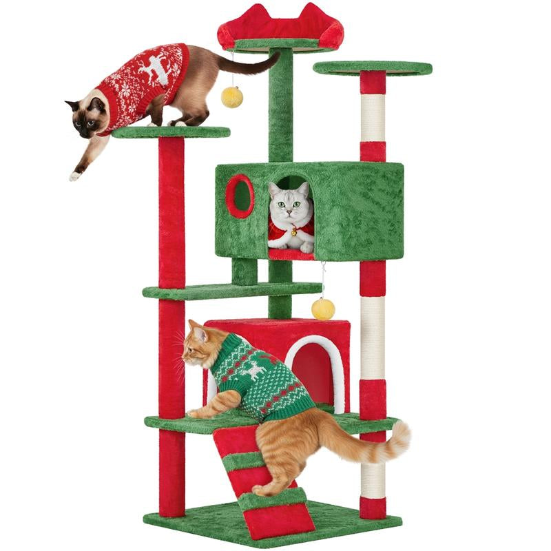 【Christmas Gift】Yaheetech 23.5/54/63In Christmas Cat Tree, Multi-Level Cat Tower with Spacious Kitten-Ear Perch, 2 Cozy Caves, Scratching Posts, Climbing Ladder, 2 Plush Balls for Indoor Kittens, Red/Green