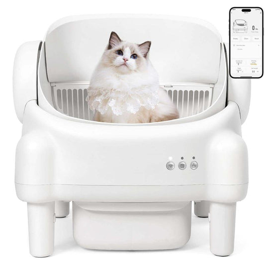 TAYACICY Self Cleaning Litter Box Open-Top with App Control for Multiple Cats 16.5"X16.5" Entrance Dual Safety Tech 10.5L Sealed Waste Bin Cream White