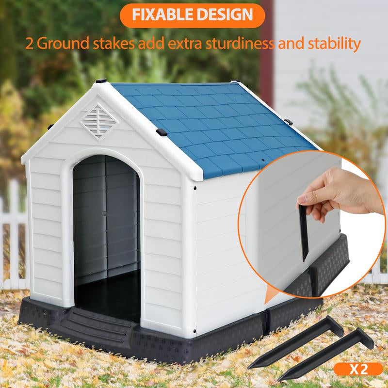 Pet Republic 34-In Plastic Dog House Waterproof Outdoor Large Pet Kennel Shelter W/Air Vents, Elevated Floor - Blue