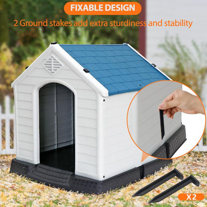 Pet Republic 34-In Plastic Dog House Waterproof Outdoor Large Pet Kennel Shelter W/Air Vents, Elevated Floor - Blue