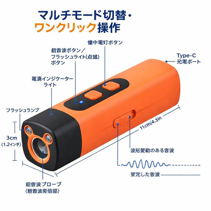 【速達配送】プロ仕様超音波発生器 犬のしつけツール 犬用吠え防止装置（LED懐中電灯付き）30フィート（約9m）範囲対応 犬の吠え声抑制装置 充電式ポータブル犬用吠え止め