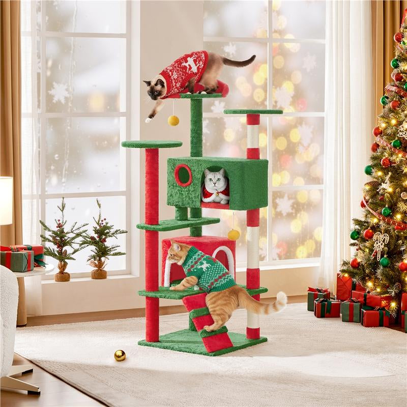 【Christmas Gift】Yaheetech 23.5/54/63In Christmas Cat Tree, Multi-Level Cat Tower with Spacious Kitten-Ear Perch, 2 Cozy Caves, Scratching Posts, Climbing Ladder, 2 Plush Balls for Indoor Kittens, Red/Green