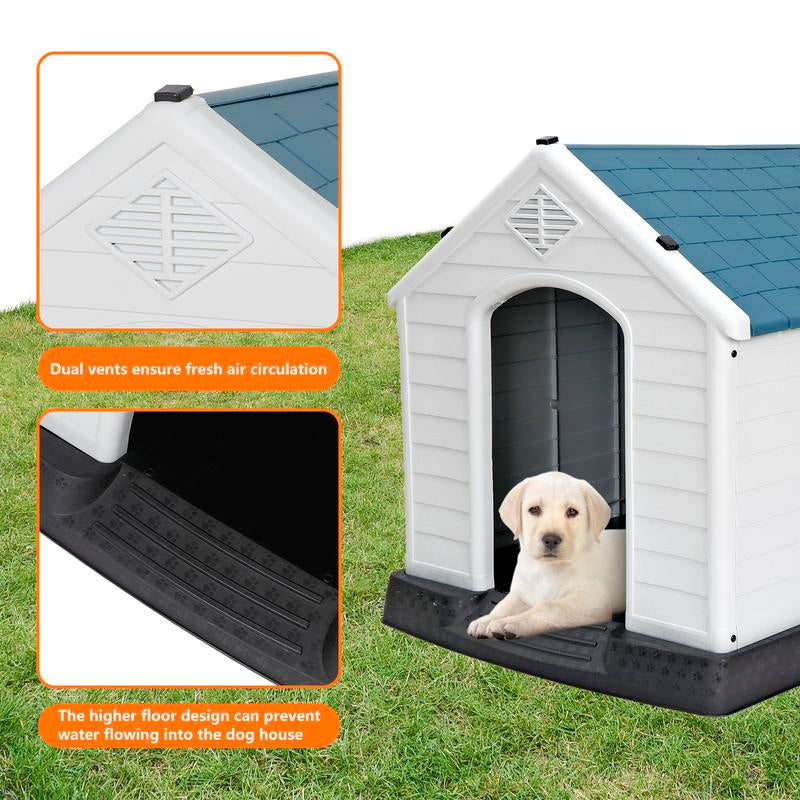 Pet Republic 34-In Plastic Dog House Waterproof Outdoor Large Pet Kennel Shelter W/Air Vents, Elevated Floor - Blue