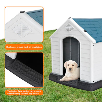 Pet Republic 34-In Plastic Dog House Waterproof Outdoor Large Pet Kennel Shelter W/Air Vents, Elevated Floor - Blue