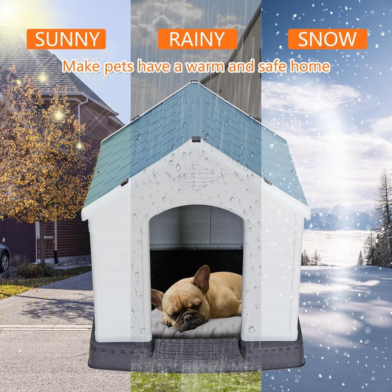 Pet Republic 34-In Plastic Dog House Waterproof Outdoor Large Pet Kennel Shelter W/Air Vents, Elevated Floor - Blue