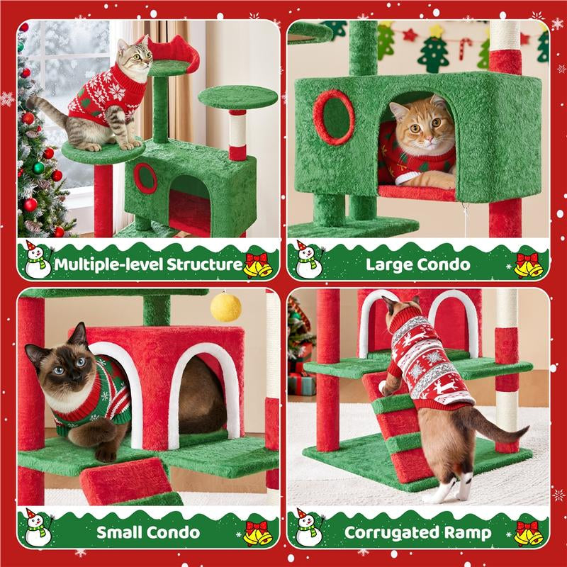 【Christmas Gift】Yaheetech 23.5/54/63In Christmas Cat Tree, Multi-Level Cat Tower with Spacious Kitten-Ear Perch, 2 Cozy Caves, Scratching Posts, Climbing Ladder, 2 Plush Balls for Indoor Kittens, Red/Green