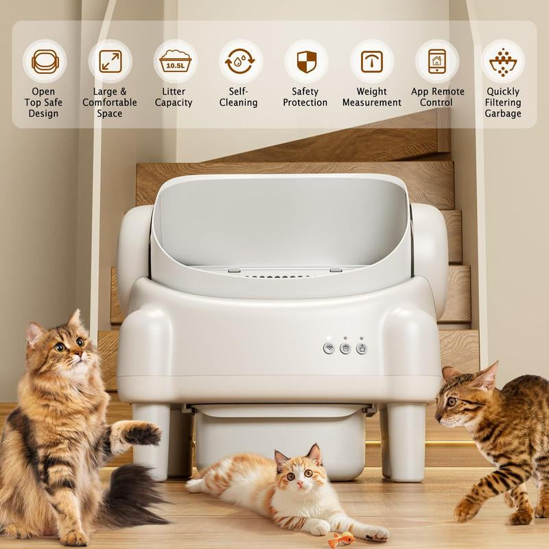 TAYACICY Self Cleaning Litter Box Open-Top with App Control for Multiple Cats 16.5"X16.5" Entrance Dual Safety Tech 10.5L Sealed Waste Bin Cream White